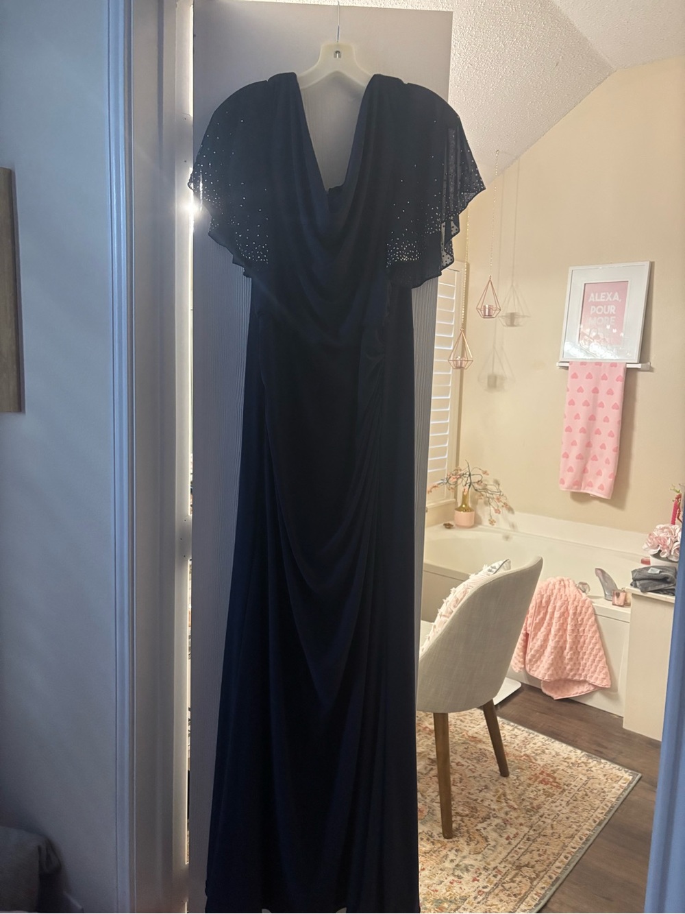 Oleg Cassini Blue Beaded Cape-Sleeve Evening Gown